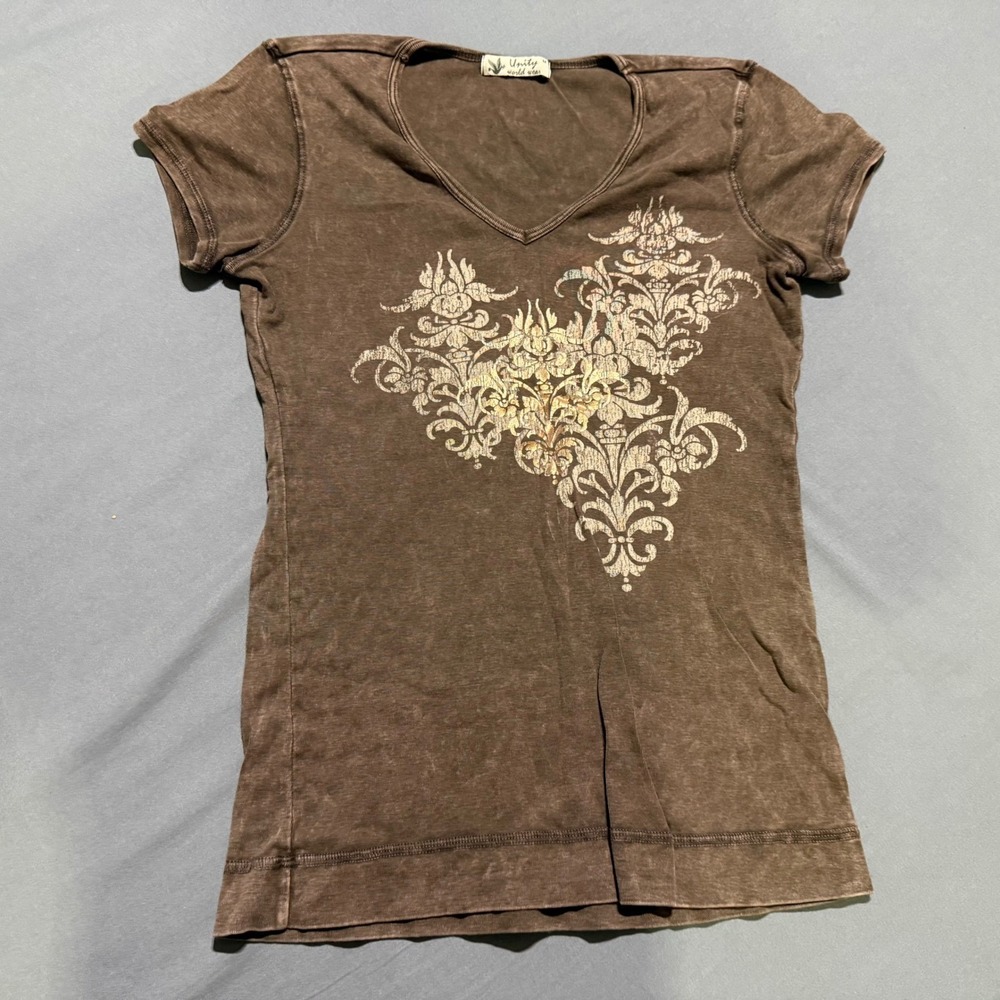 Unity World Wear V-Neck T-Shirt Womens Medium Brown Mineral Wash Graphic Tee